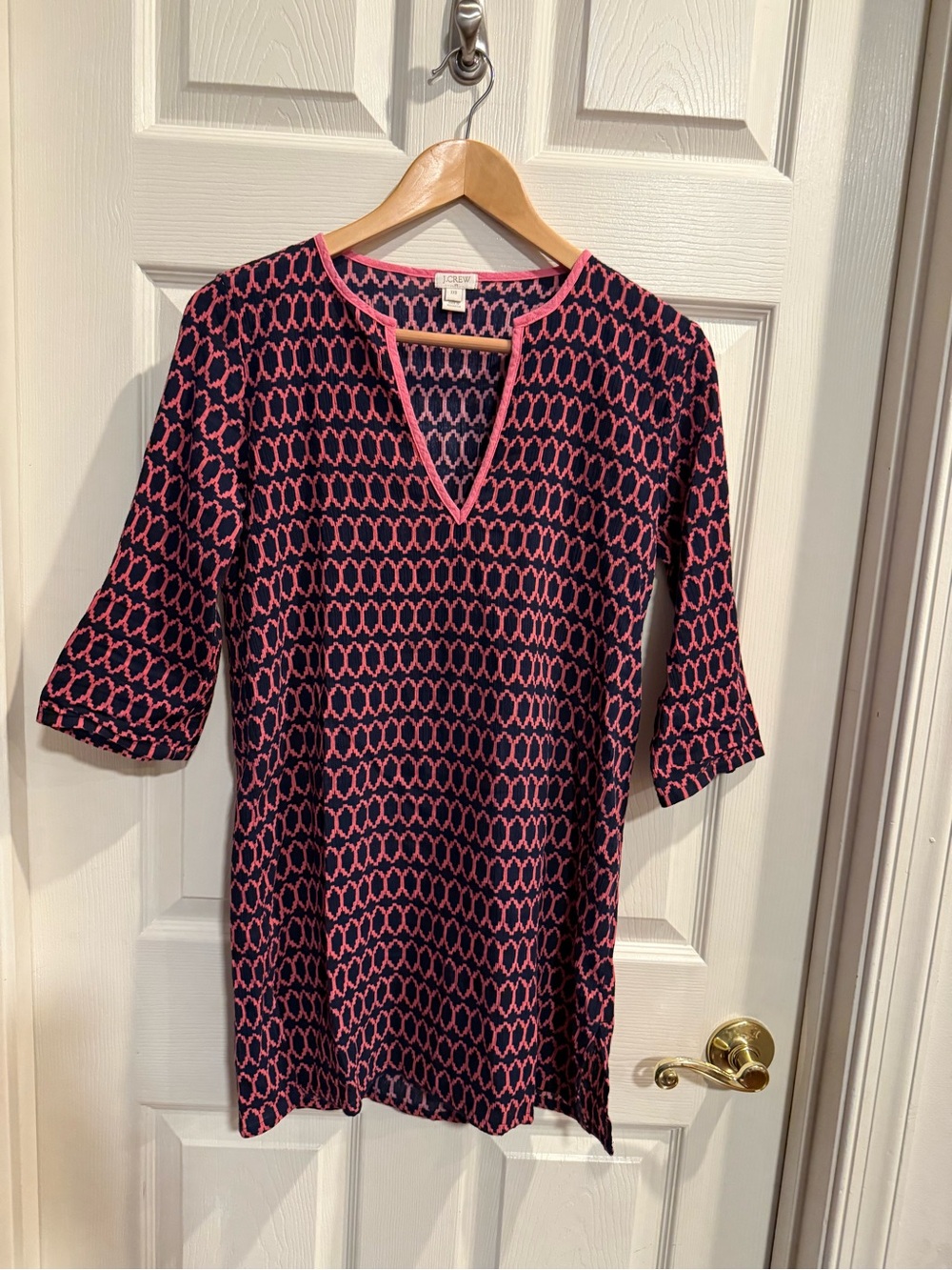 J. Crew Navy and Pink Geometric V-Neck Tunic Top/Dress